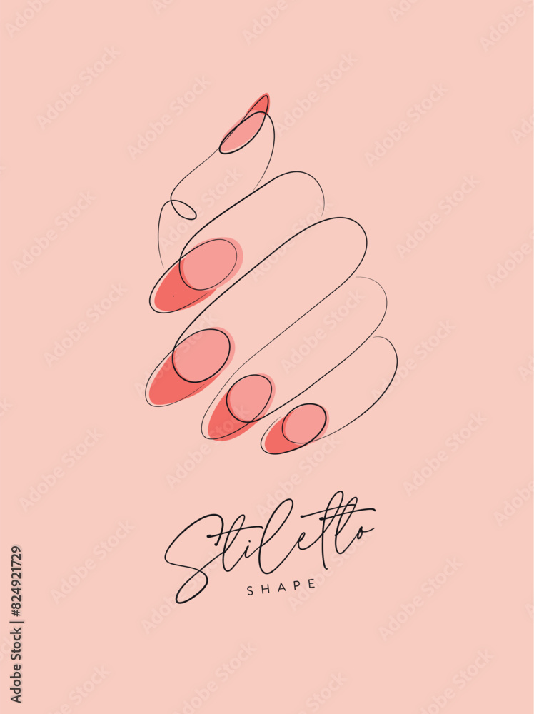Woman hand with pink stiletto shape nails drawing in linear style on peach background