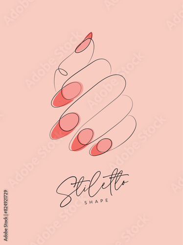 Obraz na płótnie Woman hand with pink stiletto shape nails drawing in linear style on peach background w salonie