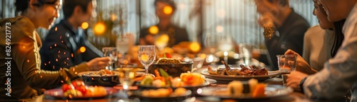 A panoramic shot of a beautifully set Japanese dining table during a family gathering  with various dishes and smiling faces