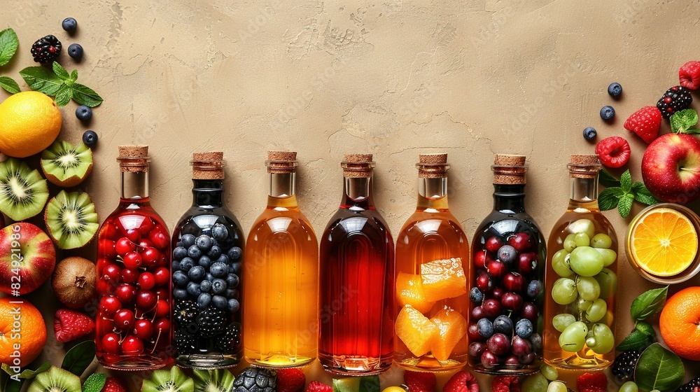 A row of bottles with various fruits such as oranges, raspberries, grapes, and apples A row of bottles with various fruits such as oranges, raspberries, grapes, and apples
