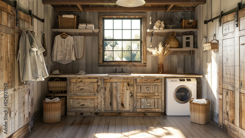 A farmhouse-style laundry room with rustic wood accents