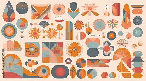 Set of abstract retro geometric shapes vector. Collection of contemporary figure, sparkle, arrow, flower in 70s groovy style