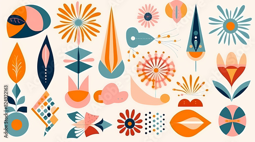 Set of abstract retro geometric shapes vector. Collection of contemporary figure, sparkle, arrow, flower in 70s groovy style