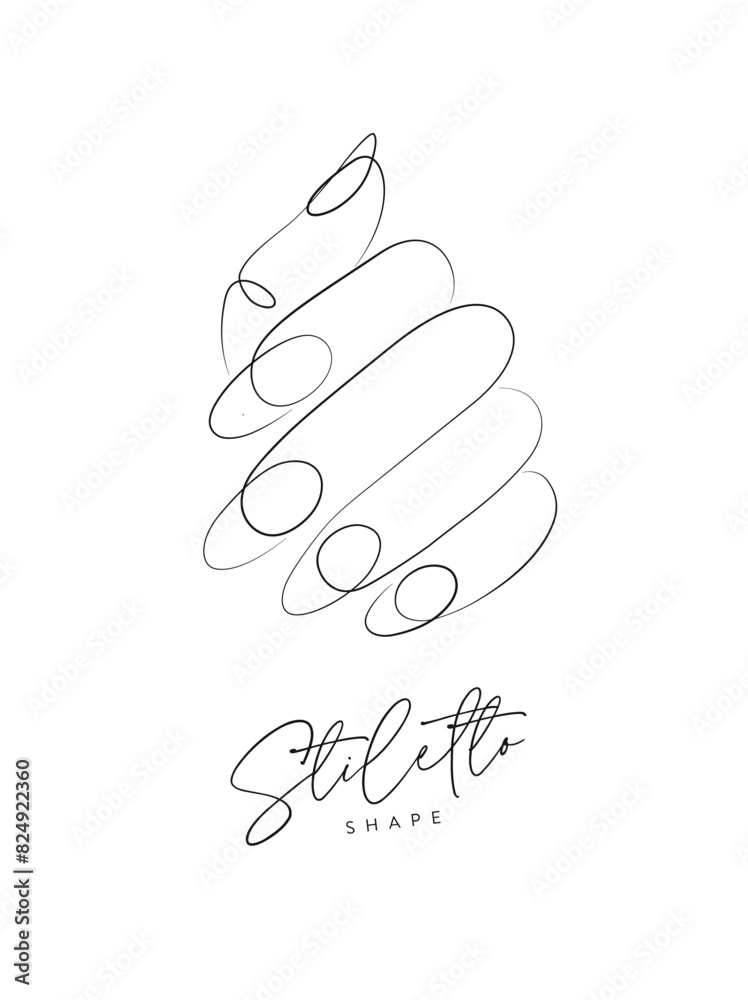 Woman hand with stiletto shape nails drawing in linear style on white background