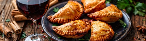 A plate of Argentine empanadas with a glass of robust red wine