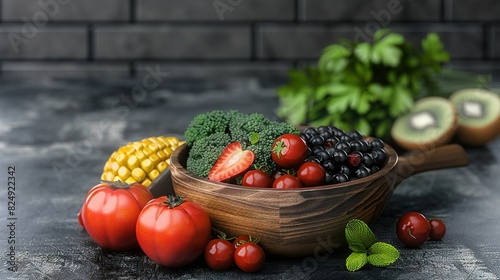   A wooden bowl brimming with assorted fruits and vegetables on a nearby table