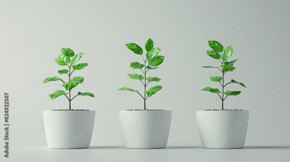 Three green plants in white pots against a neutral background, creating a minimalistic and clean atmosphere Three green plants in white pots against a neutral background, creating a minimalistic and clean atmosphere