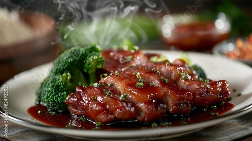 A plate of Chinese char siu pork with honey glaze and steamed vegetables in a Hong Kongstyle BBQ restaurant