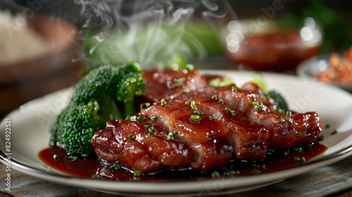 A plate of Chinese char siu pork with honey glaze and steamed vegetables in a Hong Kongstyle BBQ restaurant photo