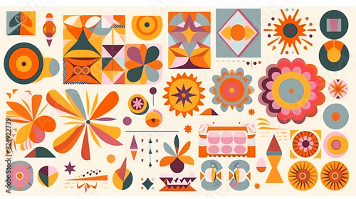 Set of abstract retro geometric shapes vector. Collection of contemporary figure, sparkle, arrow, flower in 70s groovy style