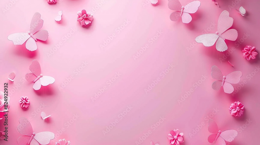 Pink background with white butterflies and pink flowers on the bottom right side Pink background with white butterflies and pink flowers on the bottom right side