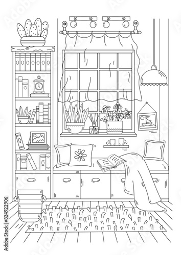 Coloring Page Features Cozy Windowsill With Cushions And Books, Perfect For Both Adults And Children