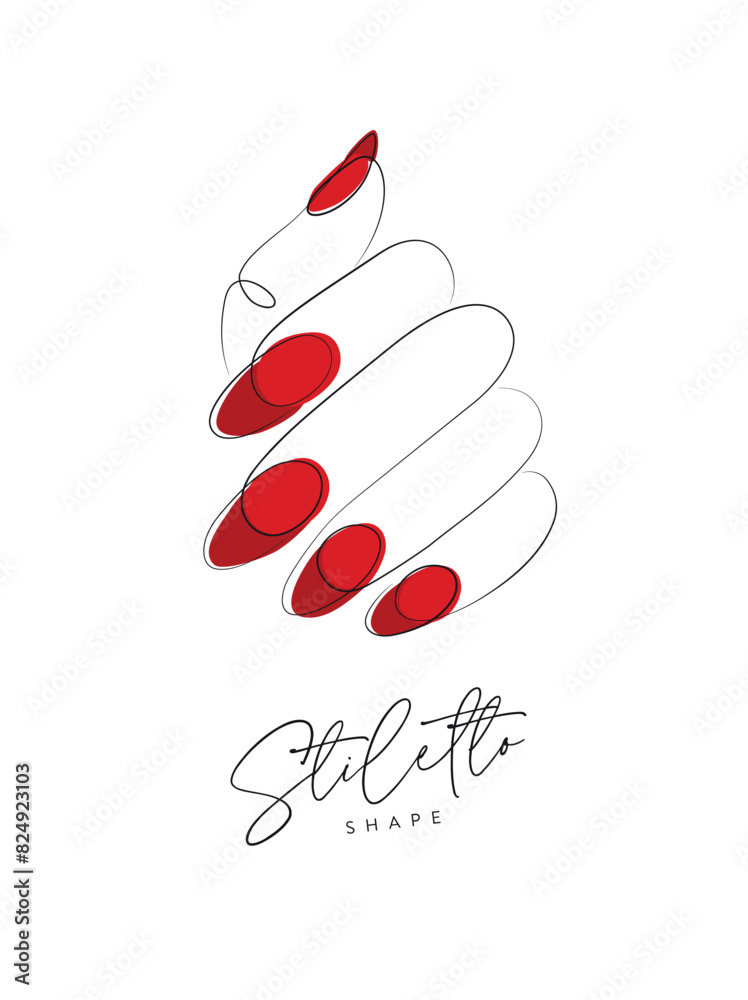 Woman hand with red stiletto shape nails drawing in linear style on white background