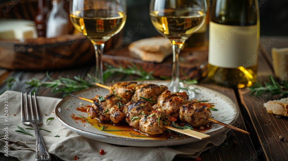 A plate of Greek souvlaki with a glass of retsina wine A plate of Greek souvlaki with a glass of retsina wine