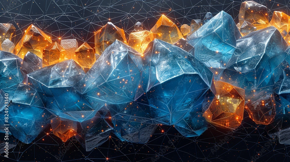 Geometric Style, A digital art piece showcasing geometric blue ice textures with an overlay of gray lines and colorful elements, symbolizing social networks and technology. Various colors, shiny, Geometric Style, A digital art piece showcasing geometric blue ice textures with an overlay of gray lines and colorful elements, symbolizing social networks and technology. Various colors, shiny,