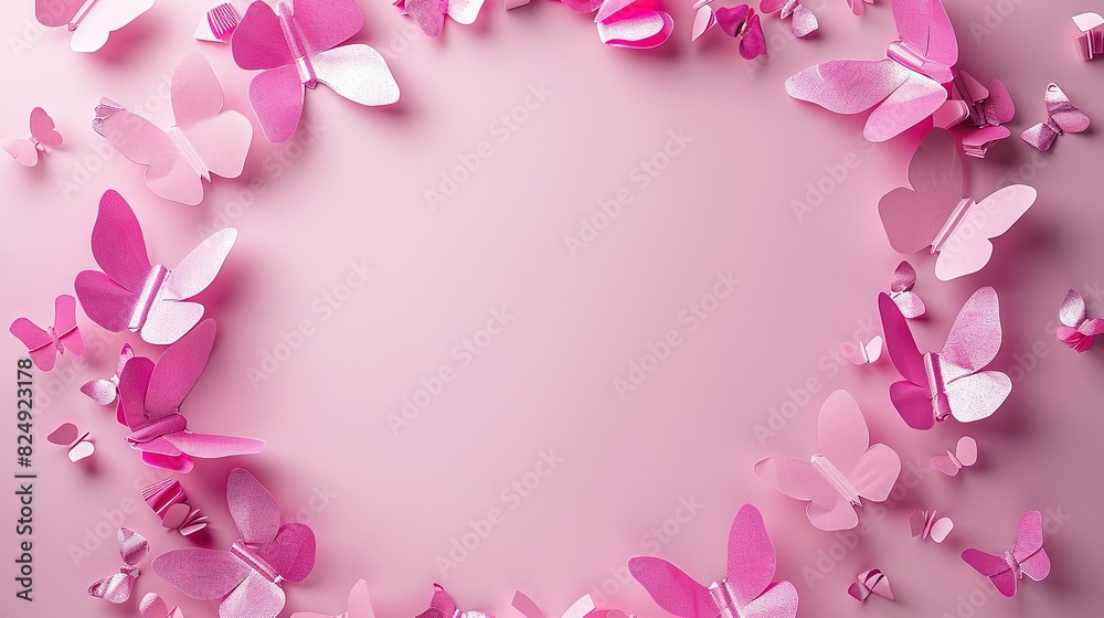   A pink background featuring numerous pink and white butterflies arranged in a circular pattern atop a pink surface