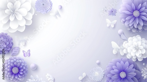  Light blue background with purple and white flowers and butterflies  space for text on the left