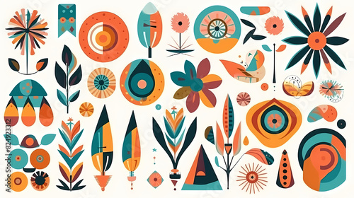 Set of abstract retro geometric shapes vector. Collection of contemporary figure, sparkle, arrow, flower in 70s groovy style
