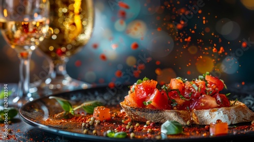 A plate of Italian bruschetta with a glass of prosecco