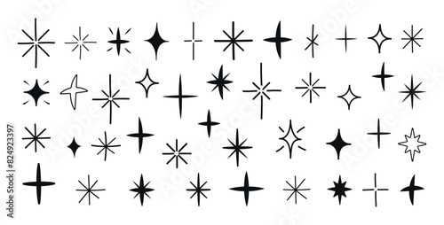 Large Set of thin uneven dynamic black stars of different shapes and types, hand-drawn on a white background. Isolated grunge elements for presentation, cards, business, study. Vector illustration Eps