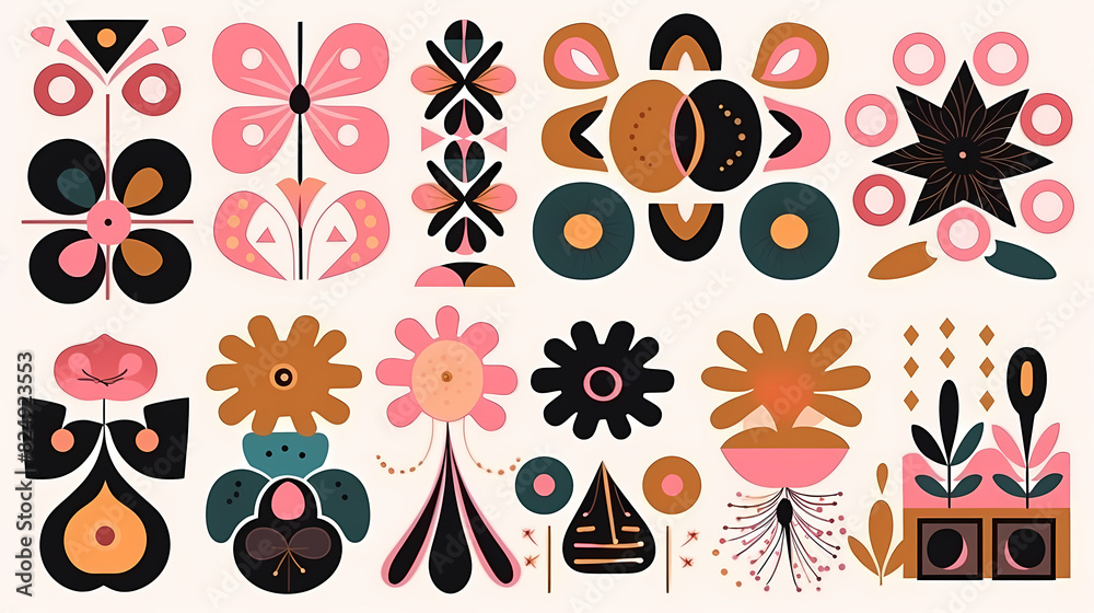 Fototapeta premium Set of abstract retro geometric shapes vector. Collection of contemporary figure, sparkle, arrow, flower in 70s groovy style