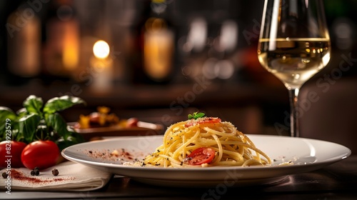 A plate of Italian spaghetti carbonara paired with a glass of crisp white wine photo