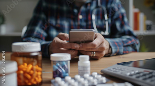 Man with smartphone ordering medications online closeu photo
