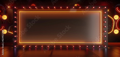 Retro diner style blank billboard mockup, 3D rendered with neon lights and a light border, perfect for themed promotions.