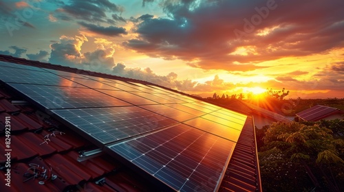 Panel solar energy photovoltaic power roof sun home cell system green house eco industry. Solar energy building panel future electric engineer technology ecology sunset nature station sky light work photo