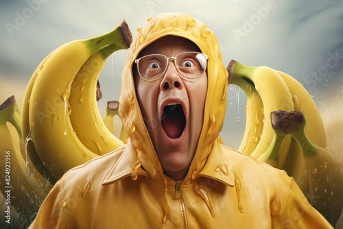 A man in a raincoat is very surprised against the backdrop of Ghanaian bananas photo
