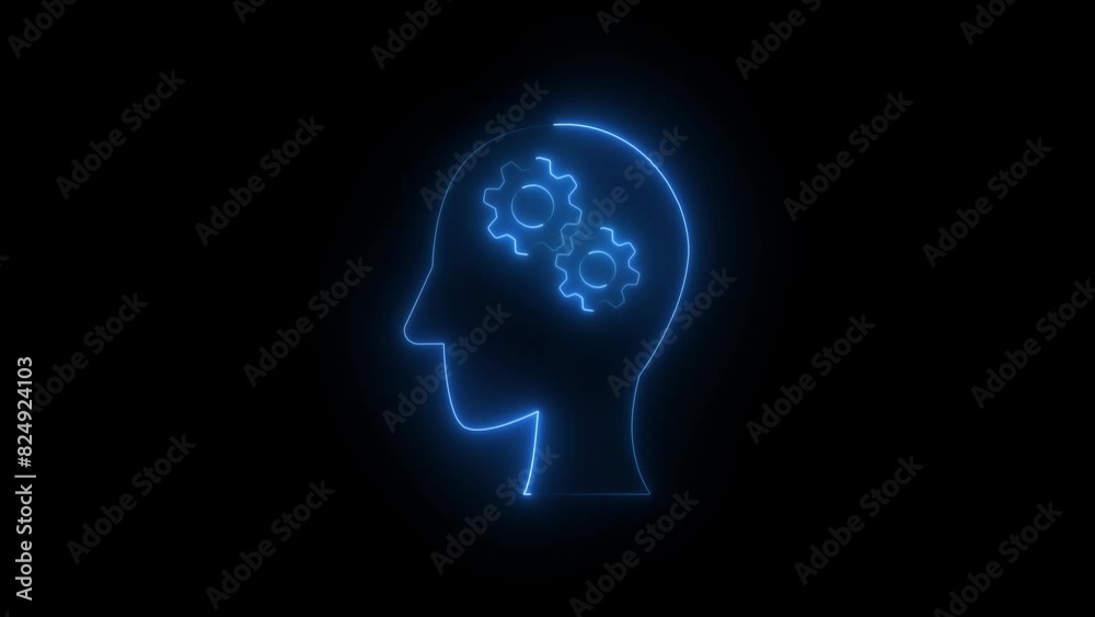 Glowing neon line Human head with gear inside icon isolated on black background. Glowing neon line Human head with gear inside icon isolated on black background.