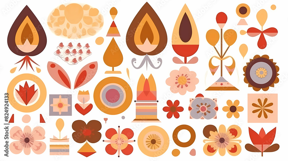 Fototapeta premium Set of abstract retro geometric shapes vector. Collection of contemporary figure, sparkle, arrow, flower in 70s groovy style