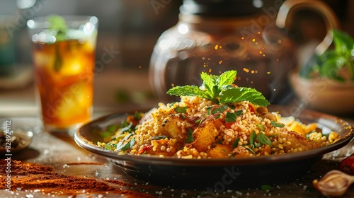 A plate of Moroccan tagine with couscous and a glass of mint tea