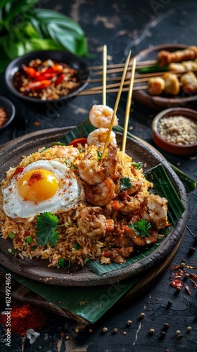 A plate of nasi goreng with a fried egg on top, satay skewers, and prawn crackers in an Indonesian street food setting photo