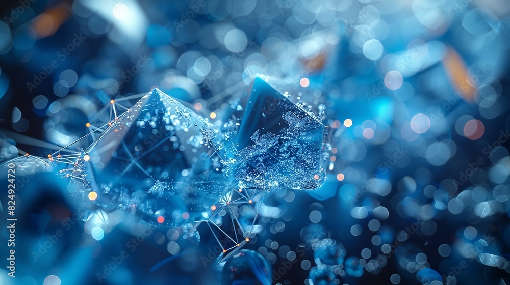 Geometric Style, A visually engaging image showcasing blue ice textures and geometric forms, combined with gray lines and colorful accents to represent modern social networks. Various colors, shiny, Geometric Style, A visually engaging image showcasing blue ice textures and geometric forms, combined with gray lines and colorful accents to represent modern social networks. Various colors, shiny,
