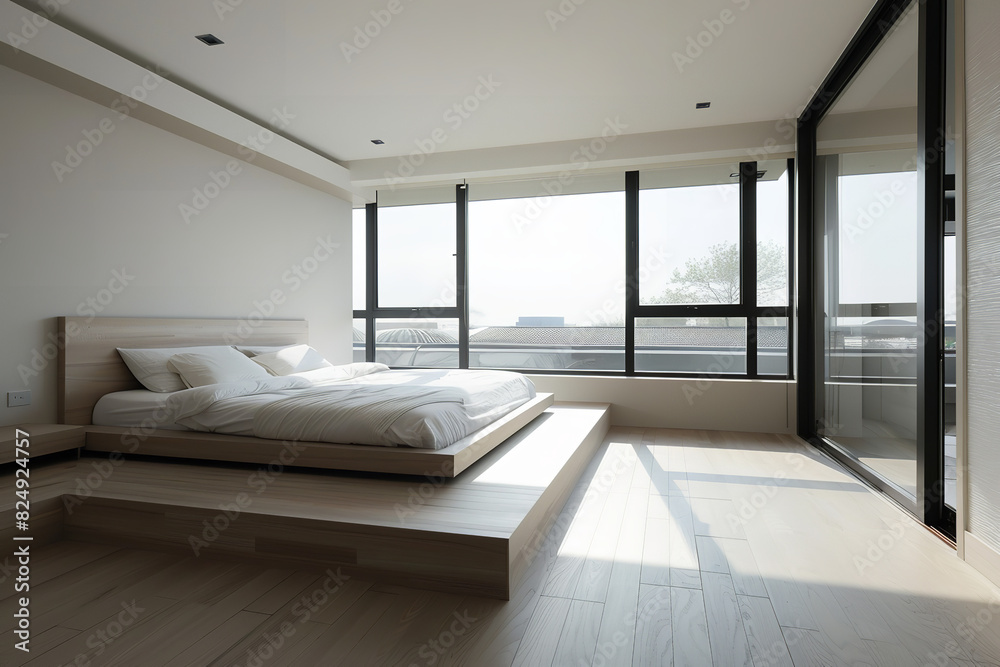 Minimalist Bedroom Bathed in Morning Light Through Large Windows Minimalist Bedroom Bathed in Morning Light Through Large Windows