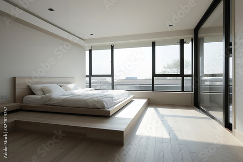 Minimalist Bedroom Bathed in Morning Light Through Large Windows   © Davivd