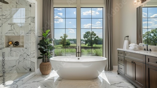 Luxurious bathroom with a freestanding bathtub  marble flooring  and a large window overlooking a serene landscape