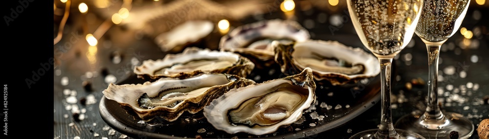 A platter of French oysters with a glass of champagne A platter of French oysters with a glass of champagne