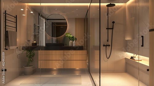 Minimalist bathroom featuring a walk-in shower with glass doors, sleek vanity, and matte black fixtures