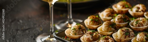 A platter of French escargot with a glass of white wine photo