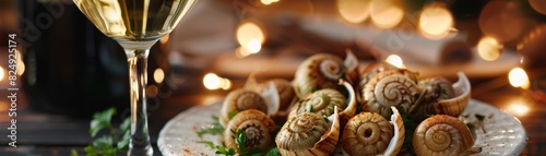 A platter of French escargot with a glass of white wine photo
