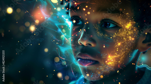 Child with sparkling particles on face in dreamy atmosphere