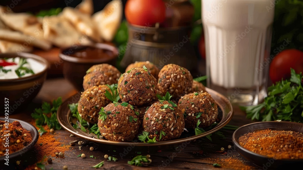 A platter of Lebanese falafel with a glass of ayran A platter of Lebanese falafel with a glass of ayran