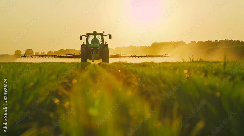 Fototapeta premium a tractor plows a field at sunset, a view from a drone. tractor in the field