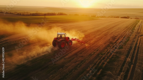 a tractor plows a field at sunset, a view from a drone. tractor in the field photo