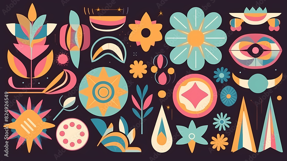 Set of abstract retro geometric shapes vector. Collection of contemporary figure, sparkle, arrow, flower in 70s groovy style Set of abstract retro geometric shapes vector. Collection of contemporary figure, sparkle, arrow, flower in 70s groovy style