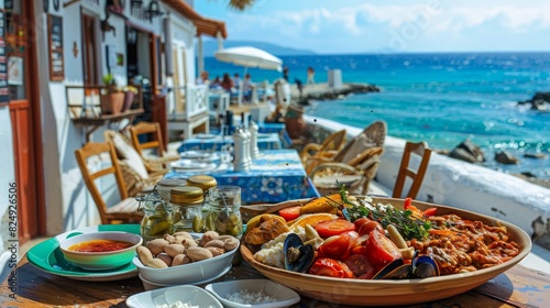 A rustic Greek island taverna with a platter of assorted meze, with the sea and whitewashed buildings creating a picturesque backdrop