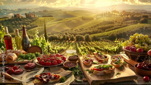 A rustic Italian countryside picnic scene featuring various bruschettas with fresh toppings, surrounded by vineyards and rolling hills under the golden hour sun photo