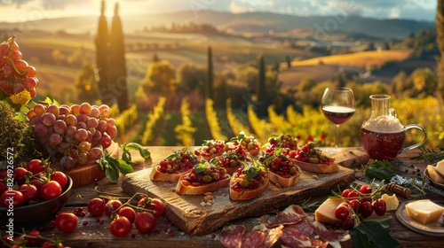 A rustic Italian countryside picnic scene featuring various bruschettas with fresh toppings, surrounded by vineyards and rolling hills under the golden hour sun photo